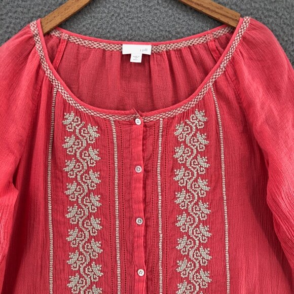 J Jill Top Womens Small Pink Gauzy Embroidered Button Up Long Sleeves Peasant - Picture 2 of 11